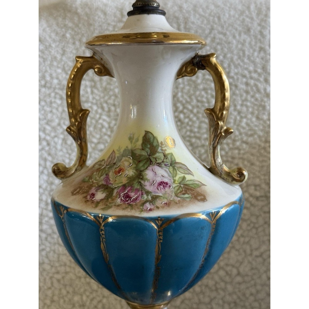 Vtg French Sevres Style Porcelain Urn Lamp Blue Floral Gold Signed Antique Decor - Picture 11 of 12